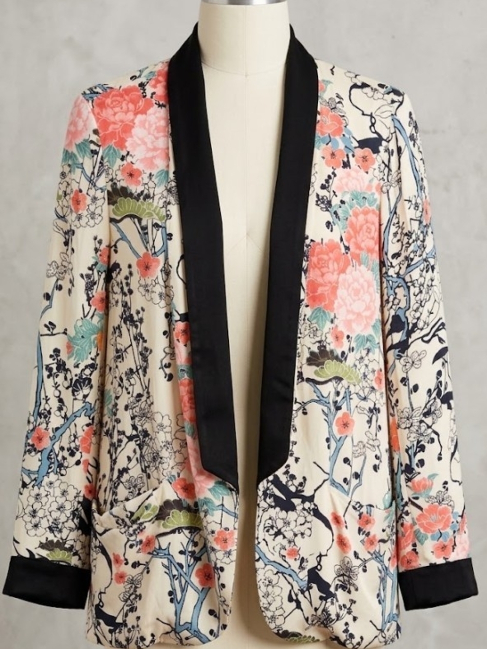 Zara Cream Floral Open Blazer/Kimono Black Satin Trim (Sz S/M) Boho Layer